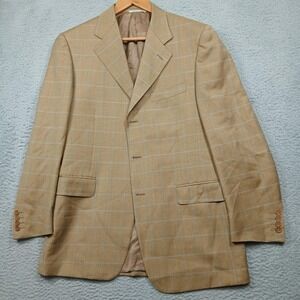 Canali Elite Blazer Mens 50R Tan Windowpane Plaid Wool Made in Italy Sport Coat